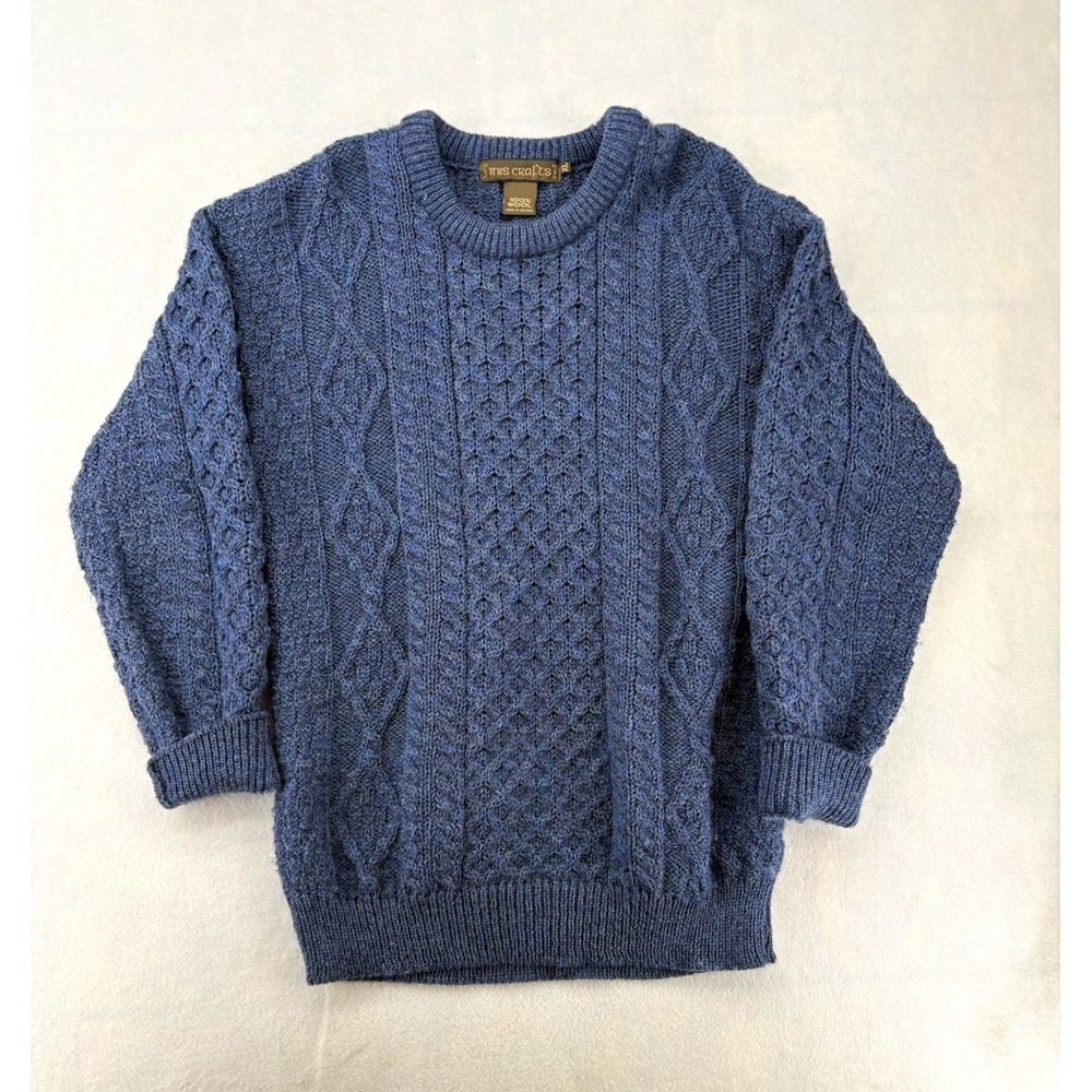 Inis Crafts Cable Knit Crewneck Pullover Sweater Blue Mens XL 100% Wool